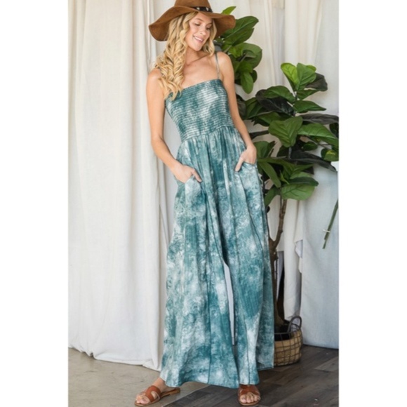 Green Tie Dye Wide Palazzo Flare Leg Smocked Bohemian Casual Jumpsuit w/ Pockets - Picture 7 of 13